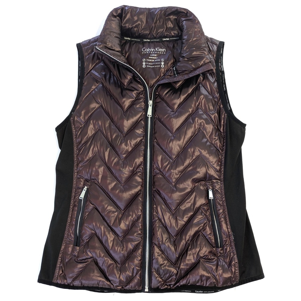 Calvin Klein Performance Down Puffer Vest Metallic Plum Chevron Quilted Large